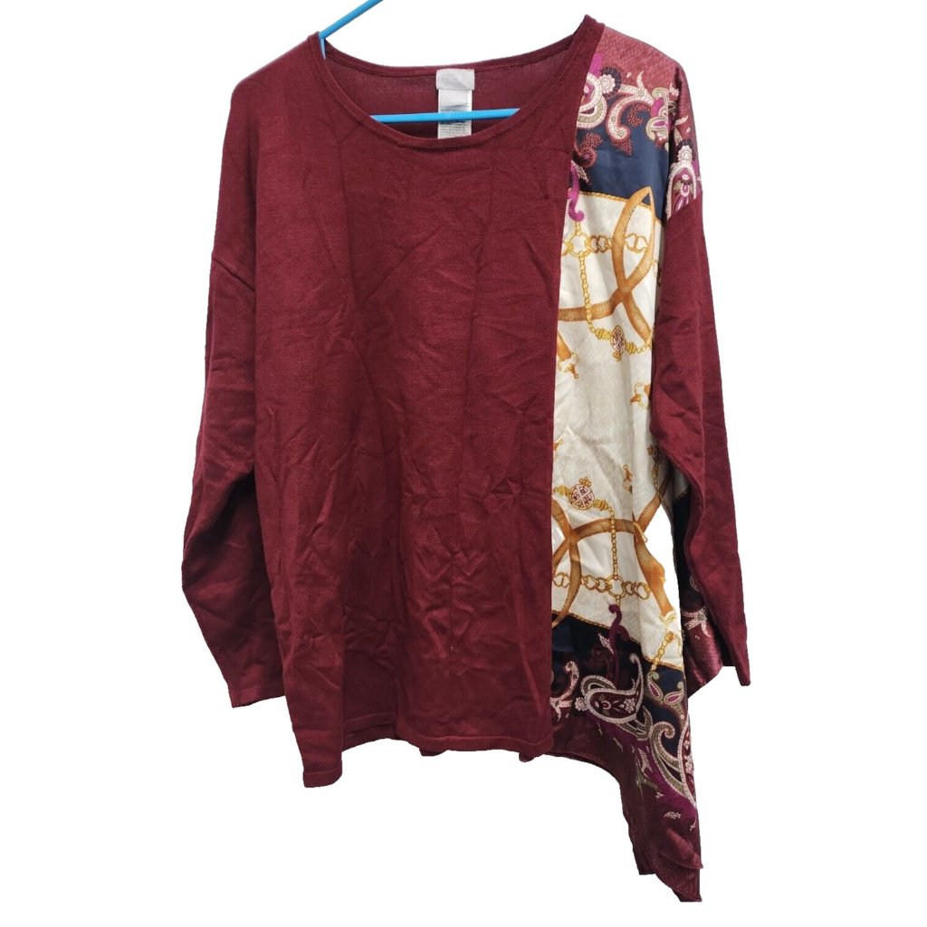 Chicos Womens Wearable Art Sweater Large Maroon Paisley Side Tail Pullover
